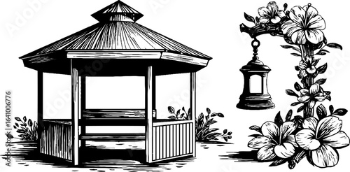 Vintage wooden garden gazebo and lantern with floral design - engraved illustration for retro decor