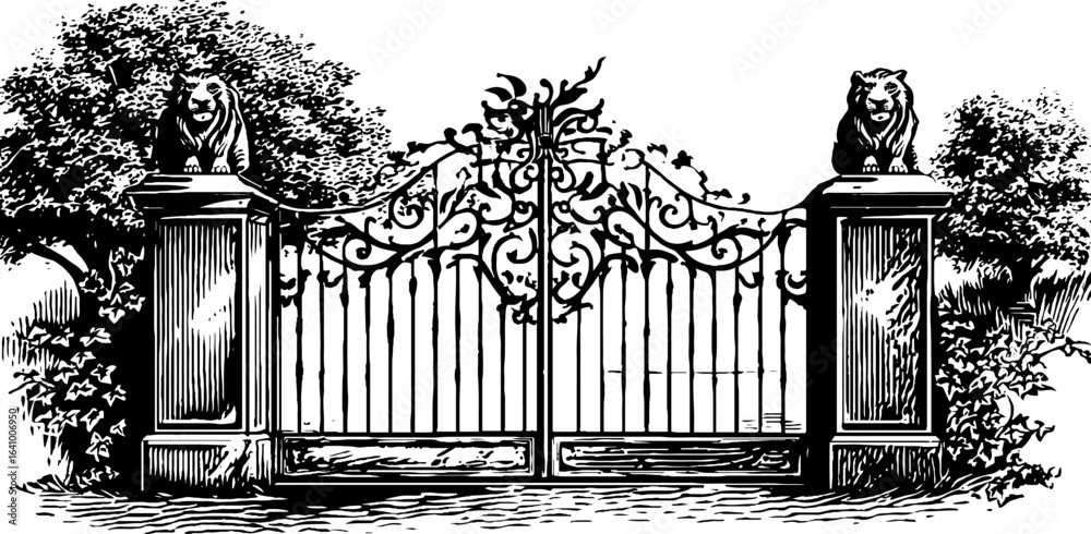 Fototapeta premium Ornate wrought iron gate with lion statues in vintage engraved style for design projects