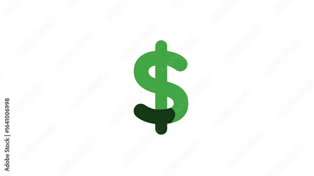 Obraz premium A green dollar sign with a darker green shadow on the bottom isolated on a white background view