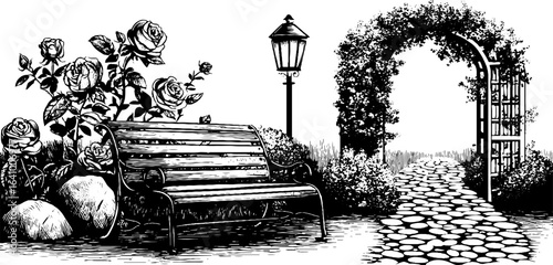 Vintage engraved illustration of wrought iron garden scene with bench and roses