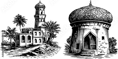 Traditional yemeni tower house set engraved architectural illustration for cultural design