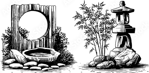 Zen circle gate with japanese lantern and bamboo in engraved design