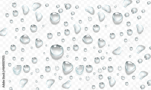 Realistic water drops. PNG drops, condensation on the window, transparent water drop. Abstract water drops, bubbles on transparent background, digital liquid design, Stock royalty free. 