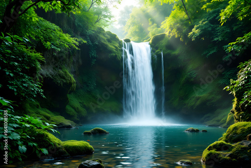 Enchanting Waterfall Oasis Tranquil Forest Scene of Nature Beauty