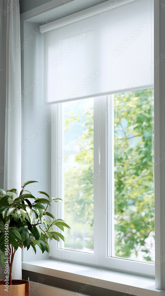 Fototapeta premium Details of white fabric roller blinds on the white plastic window in the living room. Close up on roll curtains indoor.