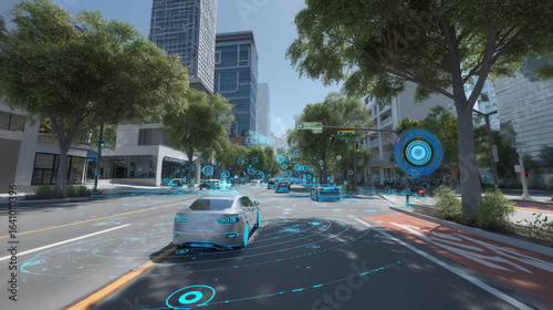 A futuristic urban street scene featuring self-driving cars and digital holograms representing autonomous vehicle sensors and smart city technology