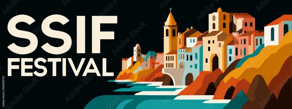 Fototapeta premium Minimalist coastal skyline with film reel and SSIF letters, vector art for San Sebastián Film Festival