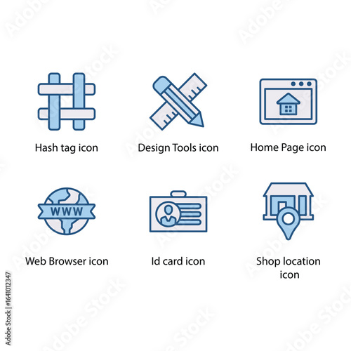 Hash tag, Design Tools, Home Page, Web Browser, Id card, Shop location, icon