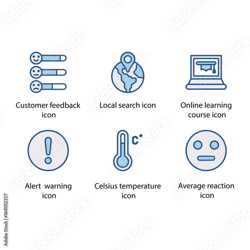 Customer feedback, Local search, Online learning course, Alert, Celsius temperature, Average reaction, icon