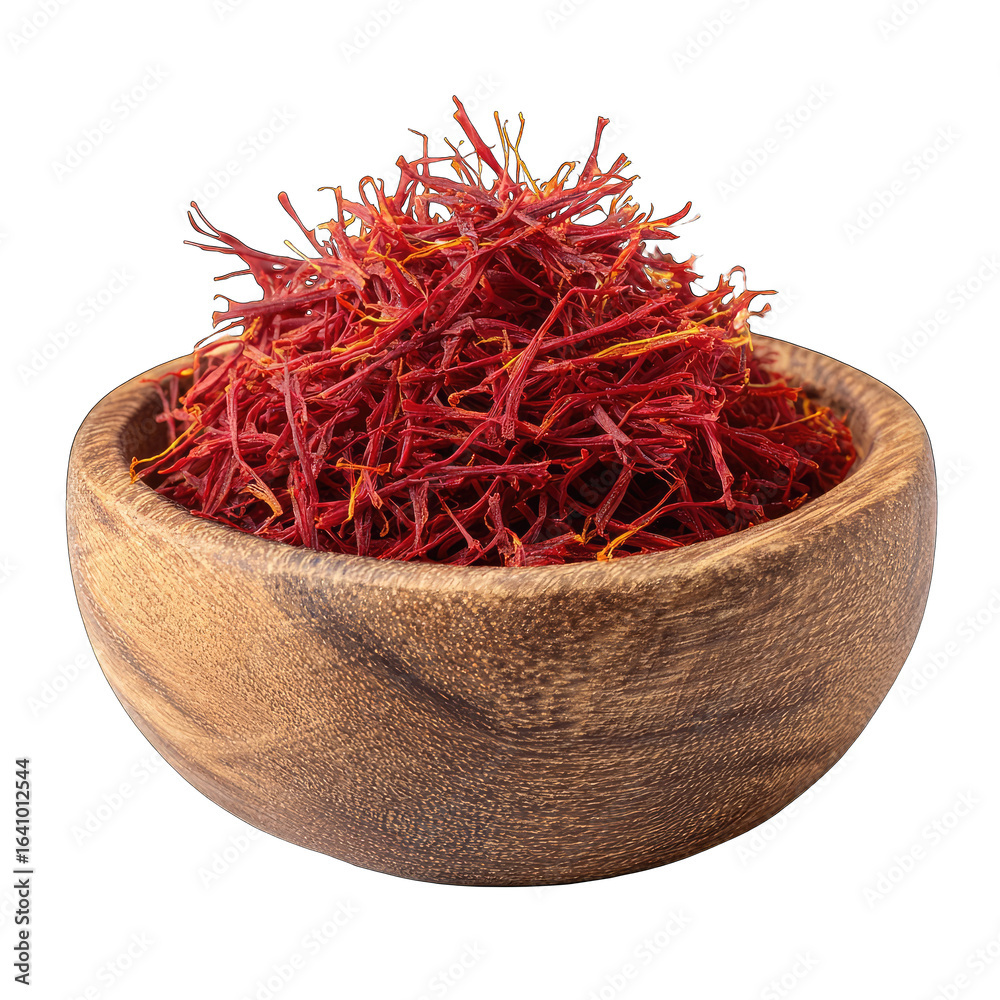 Naklejka premium Dried saffron strands in a wooden bowl (1)