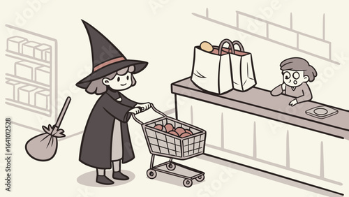 A witch with a shopping cart full of apples at the checkout counter of a grocery store near a broom