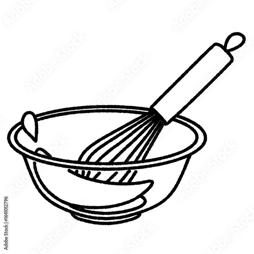 ボウルに入った液体を泡立て器で混ぜている様子の線画イラスト