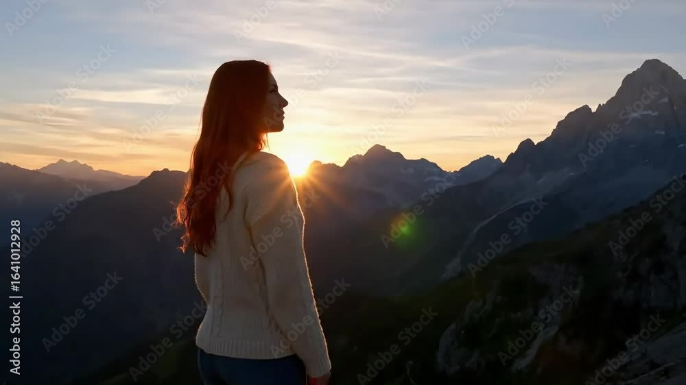 A woman stands on a mountain top watching the sunset over the mountains, enjoying the beautiful landscape and the freedom of nature A woman stands on a mountain top watching the sunset over the mountains, enjoying the beautiful landscape and the freedom of nature