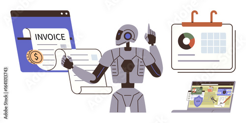 Robot analyzing invoice, referencing calendar with graphs, and monitoring security on a laptop. Ideal for automation, AI, workflow, productivity, technology, finance and cybersecurity simple flat