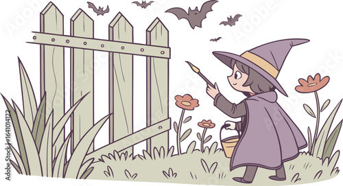 A witch paints a fence with bats flying overhead in a cartoon style illustration out in the yard