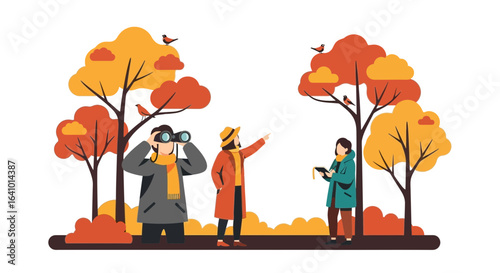 Birdwatching expedition in autumn woodland with observers and avian life