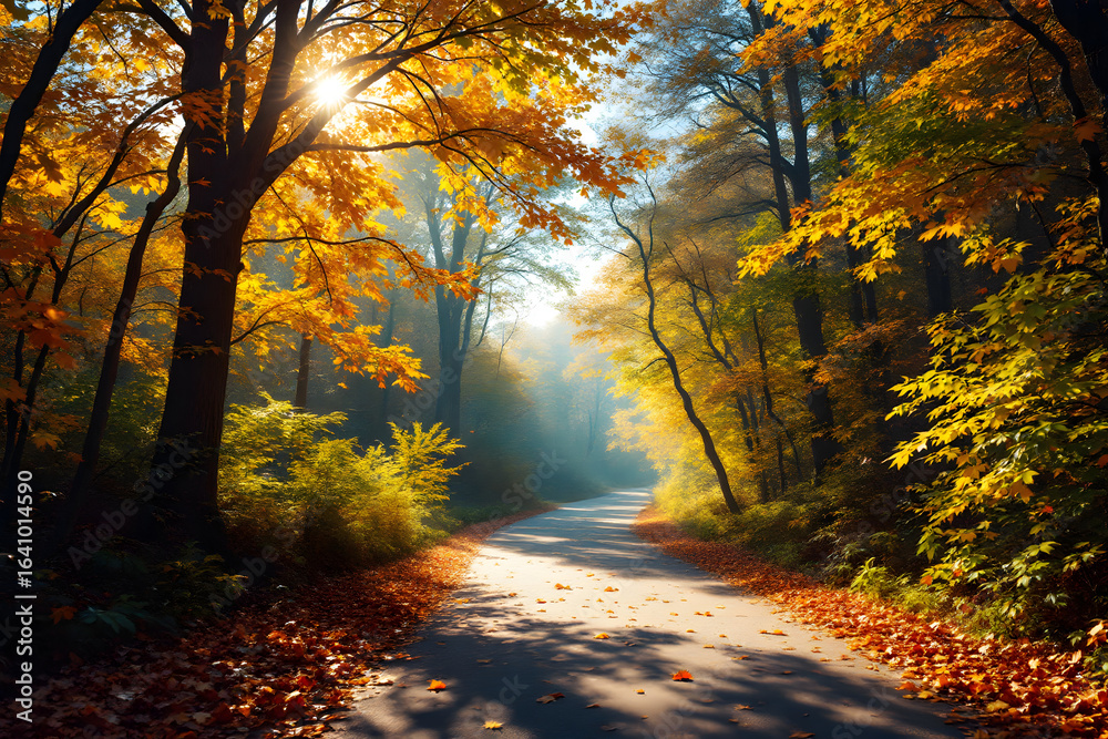 Obraz premium Golden Autumn Road Fall Foliage Landscape Scenery Natural Beauty