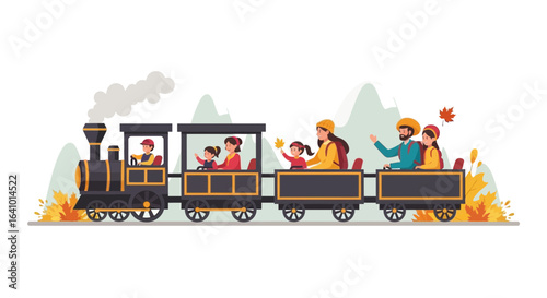 Charming Illustration of a Family Enjoying a Ride on an Autumnal Train