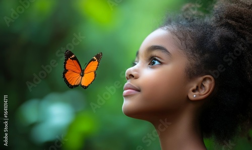 Happy African American disabled child in a wheelchair, looking at the sky with a single butterfly. The image represents inclusivity, diversity, and a hopeful future, Generative AI