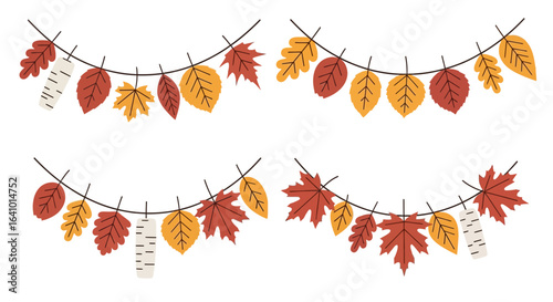 Delicate autumnal foliage bunting decorations isolated on a white canvas