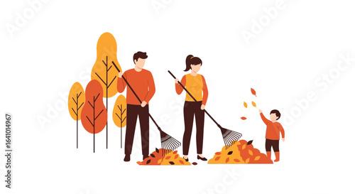 Family enjoys autumn cleanup, raking leaves together in vector illustration