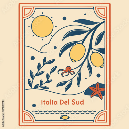 Minimilist illustration of italia del sud with sun olives octopus starfish and fish in a decorative frame vector