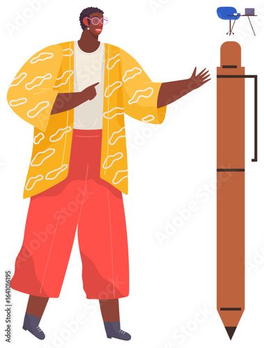 Person pointing to a large stylus pen, wearing colorful casual outfit, with a small desk and laptop setup on top. Ideal for design, creativity, innovation, art, imagination, technology simple