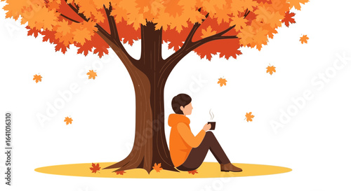 Autumnal tranquility: A woman enjoying a hot beverage under an autumn tree