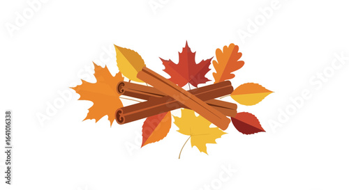 Autumnal Spice: Cinnamon Sticks Resting on a Bed of Colorful Fall Leaves