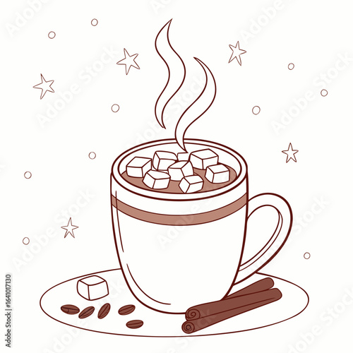 Cozy Cocoa Delight: Indulge in the warmth of a steaming mug of cocoa, adorned with sweet marshmallows and accompanied by aromatic cinnamon sticks, a true embodiment of comfort and joy.