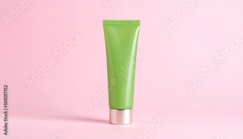 Wallpaper Mural Green cosmetic tube with rose gold cap on a minimalist pink background Torontodigital.ca
