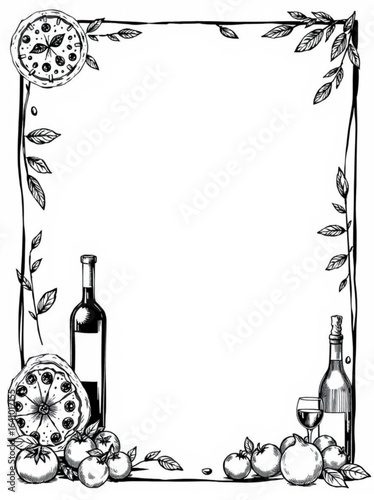 Minimilist illustration of a frame with pizza, wine bottles, tomatoes, and leaves in black and white style vector