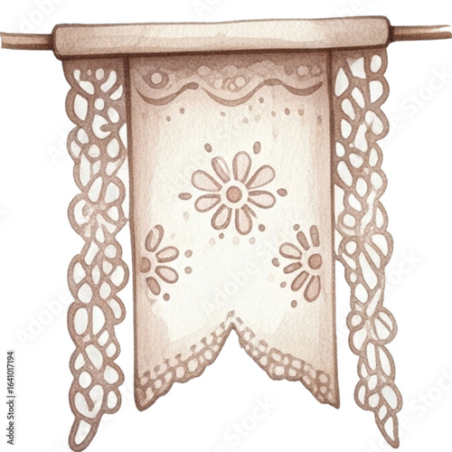 Decorative lace banner with floral patterns and intricate cut out designs hangs elegantly, evoking vintage charm