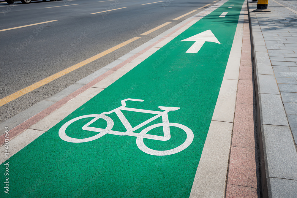 custom made wallpaper toronto digitalGreen bicycle lane with white bike symbol and directional arrow next to a paved sidewalk and asphalt road