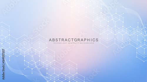 Modern scientific background with hexagons, lines and dots. Wave flow abstract background. Molecular structure for medical, technology, chemistry, science. Vector illustration