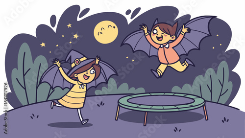 Two children with bat wings playing on a trampoline under the moon and stars in the night cartoon style