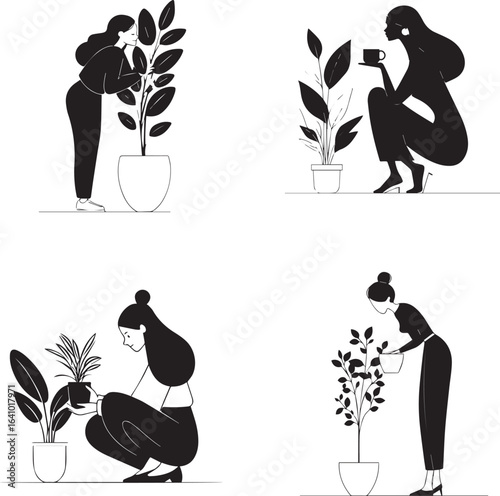 Black and white vector illustration of a woman admiring a potted indoor plant, clean minimalist style, isolated on white background.
