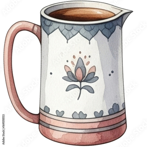 Watercolor illustration of ceramic pitcher with floral patterns and vintage design. pitcher has soft color palette, creating charming