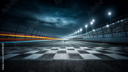 A nighttime view of a race track's finish line with motion blur from speeding cars and illuminated floodlights under a cloudy sky