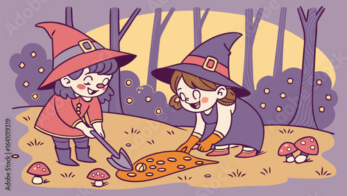 Two cute witches digging up a patch of land in a forest with mushrooms and trees in the background