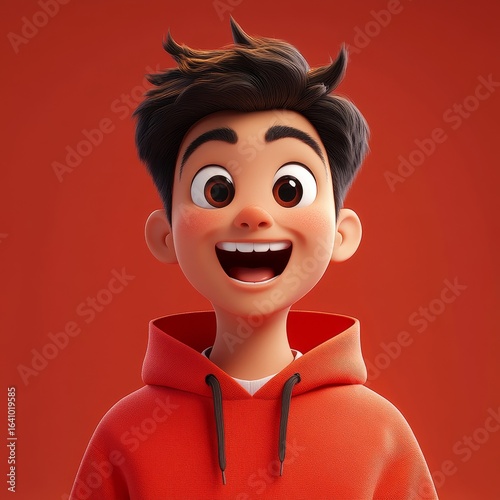 Bright portrait of a cute smiling, excited, funny Asian brunette guy with a red hoodie, captured in a minimalistic 3D style, Generative AI