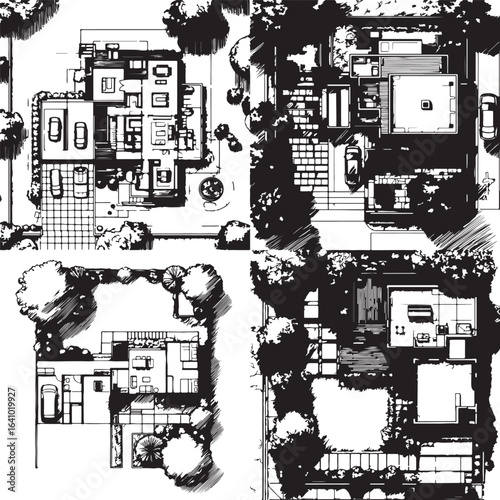 Top-down vector line drawing of a residential property with detailed garage, lawn, courtyard, and surrounding garden, monochrome black and white style, editable stroke, modern architectural blueprint 
