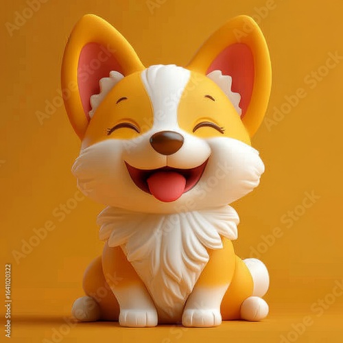 Cute, funny, fluffy cartoon orange corgi puppy, smiling with its red tongue sticking out, sitting playfully in a minimalistic 3D style, Generative AI