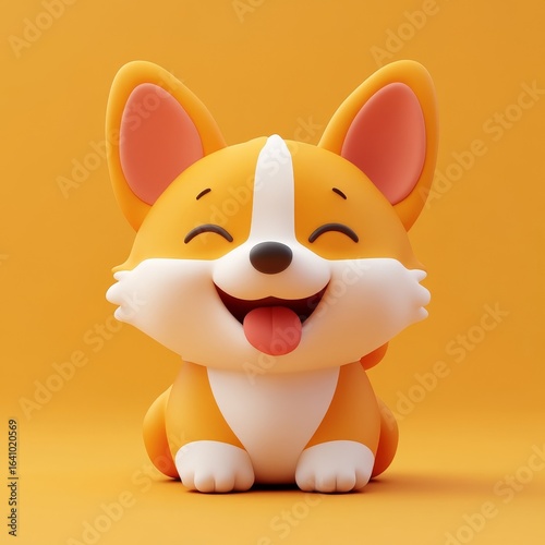 Cute, funny, fluffy cartoon orange corgi puppy, smiling with its red tongue sticking out, sitting playfully in a minimalistic 3D style, Generative AI