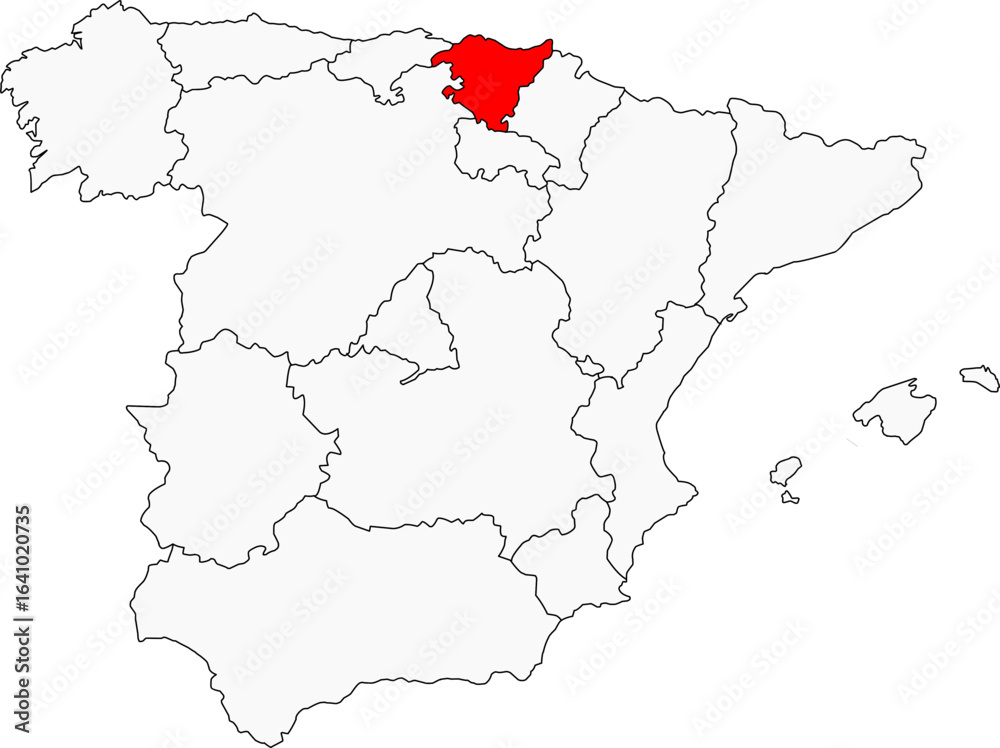 Map of Spain highlighting the Basque Country. Perfect for projects on its unique culture, language, stunning coastal cities, and rugged landscapes Map of Spain highlighting the Basque Country. Perfect for projects on its unique culture, language, stunning coastal cities, and rugged landscapes