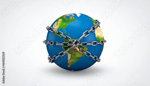 World Humanitarian Day — globe wrapped in a horizontal chain, continents of the Americas visible, solid blue background;