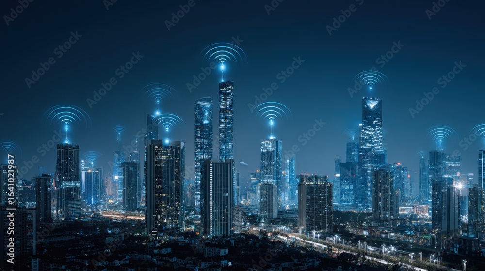 Obraz premium Modern Cityscape with Wireless Connectivity: High-Rise Buildings and Futuristic Network Technology at Night