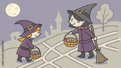 Two witches sweeping pumpkins in a yard with trees and a fence under a cloudy sky on a halloween day