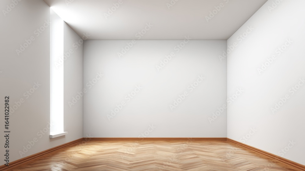 Fototapeta premium Minimalist Empty Room Interior with White Walls, Herringbone Wood Flooring and Natural Light from Window