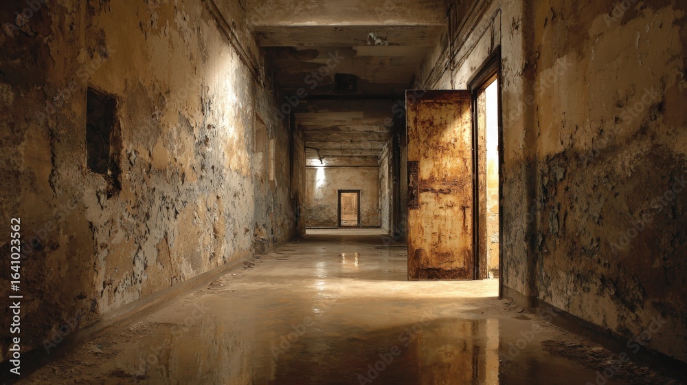 Obraz premium Eerie Abandoned Corridor with Open Door Leading to an Unknown Destination, Featuring Decay and Reflection